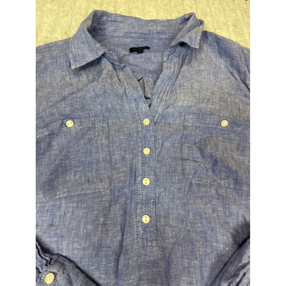 Talbots‎ Womens Blue 100% Linen Long Sleeve Button Up Tunic Shirt Size Large